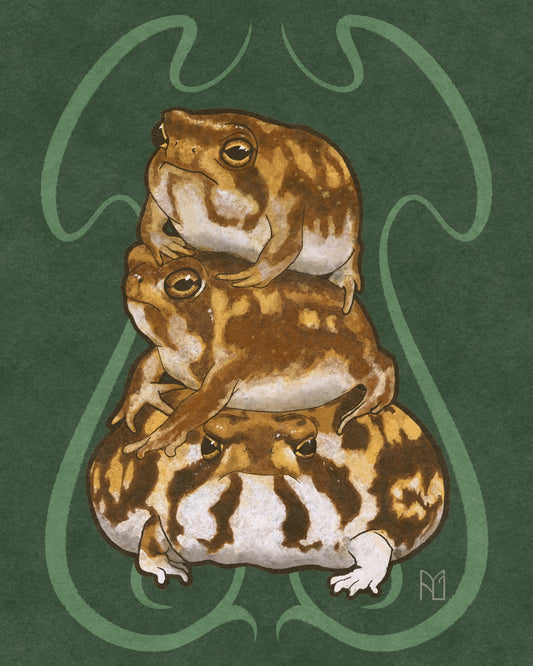 Stack of three frogs on a green background with a stylized leaf design.