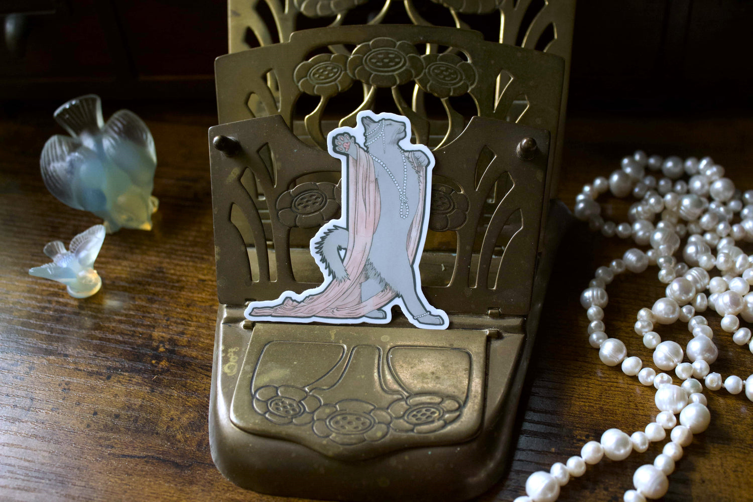 Gray Fancy Cat in Pearls Vinyl Sticker