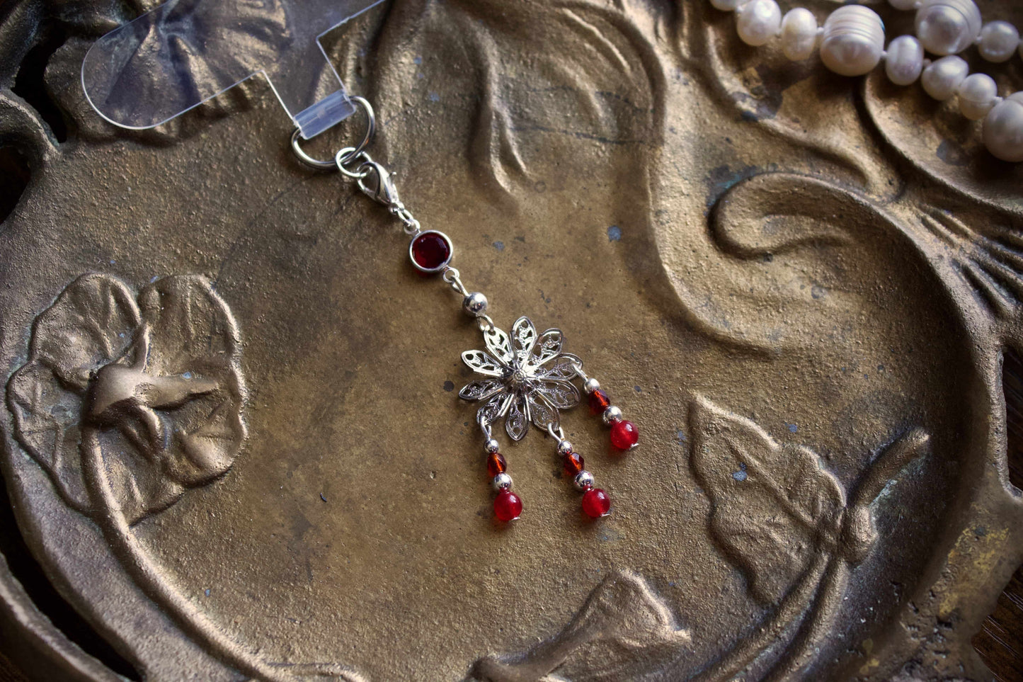 Silver and Ruby Flower Charm