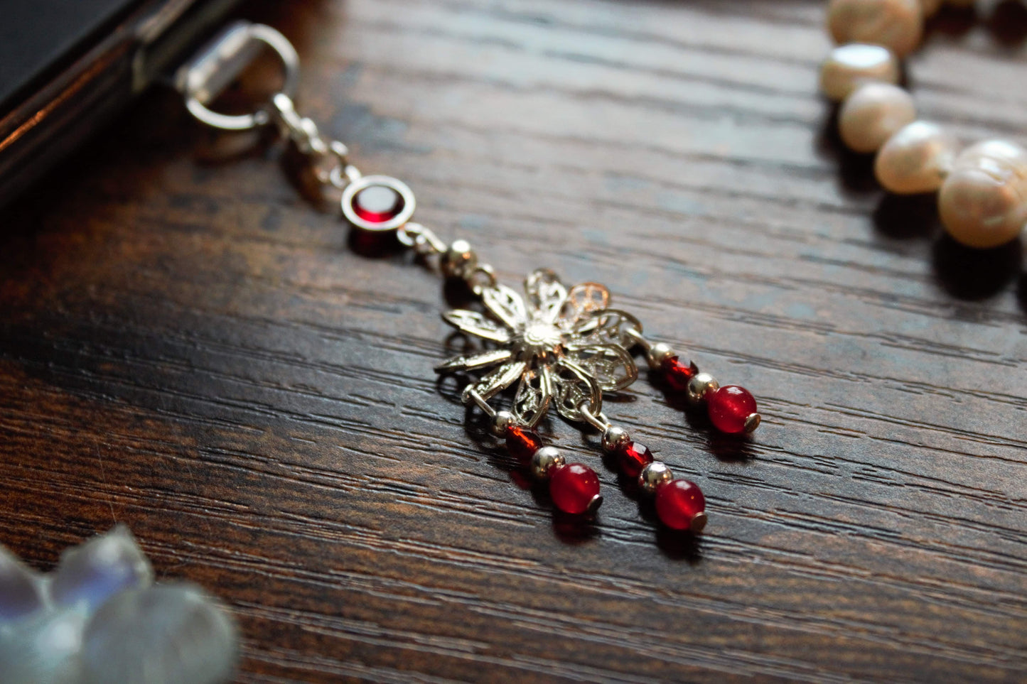 Silver and Ruby Flower Charm