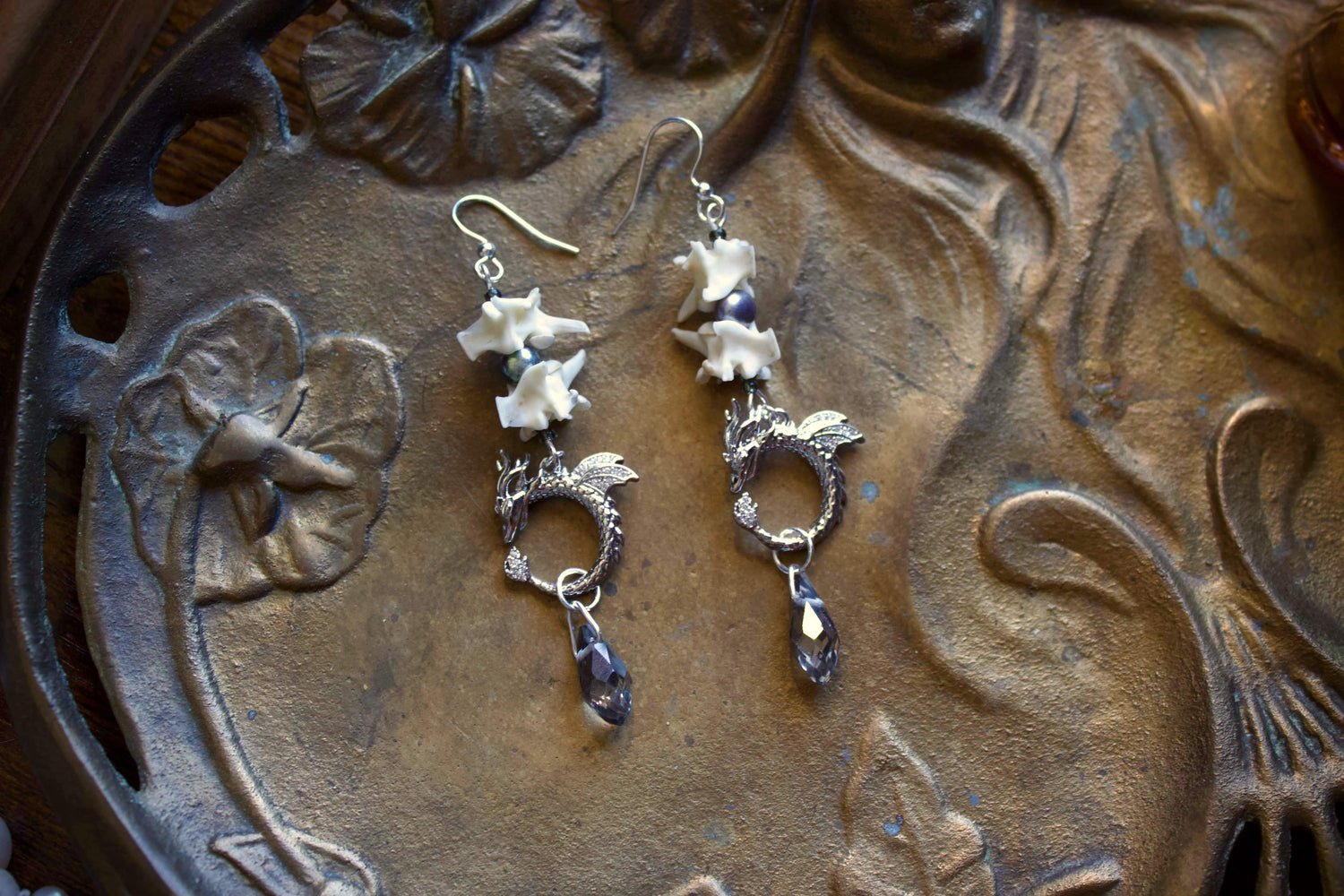 Black Pearl Dragon Bone Earrings