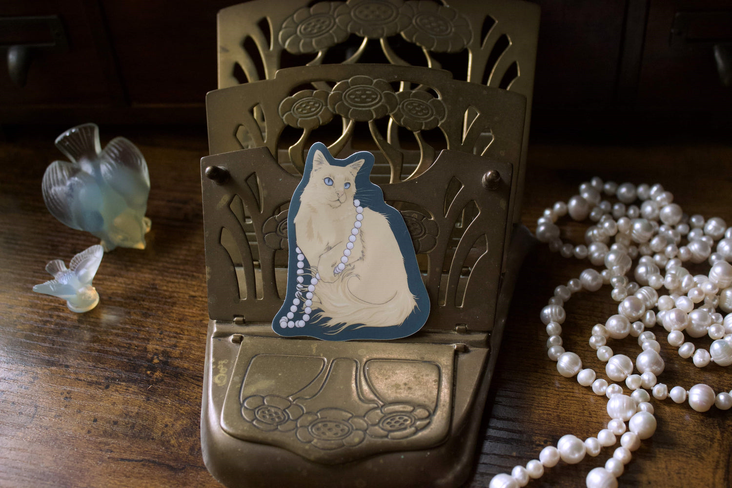 Orange Cat with Pearls Vinyl Sticker